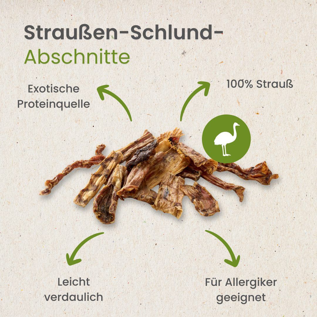 Getrocknete Straußen-Schlund-Abschnitte, 100% Strauß, leicht verdaulich.