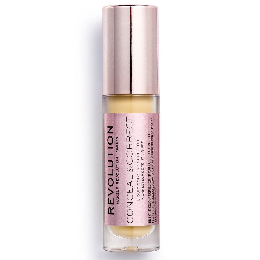 Makeup Revolution Concealer-Fläschchen. Rosa Etikett mit Text. Goldfarbener Deckel. Gelber Inhalt.