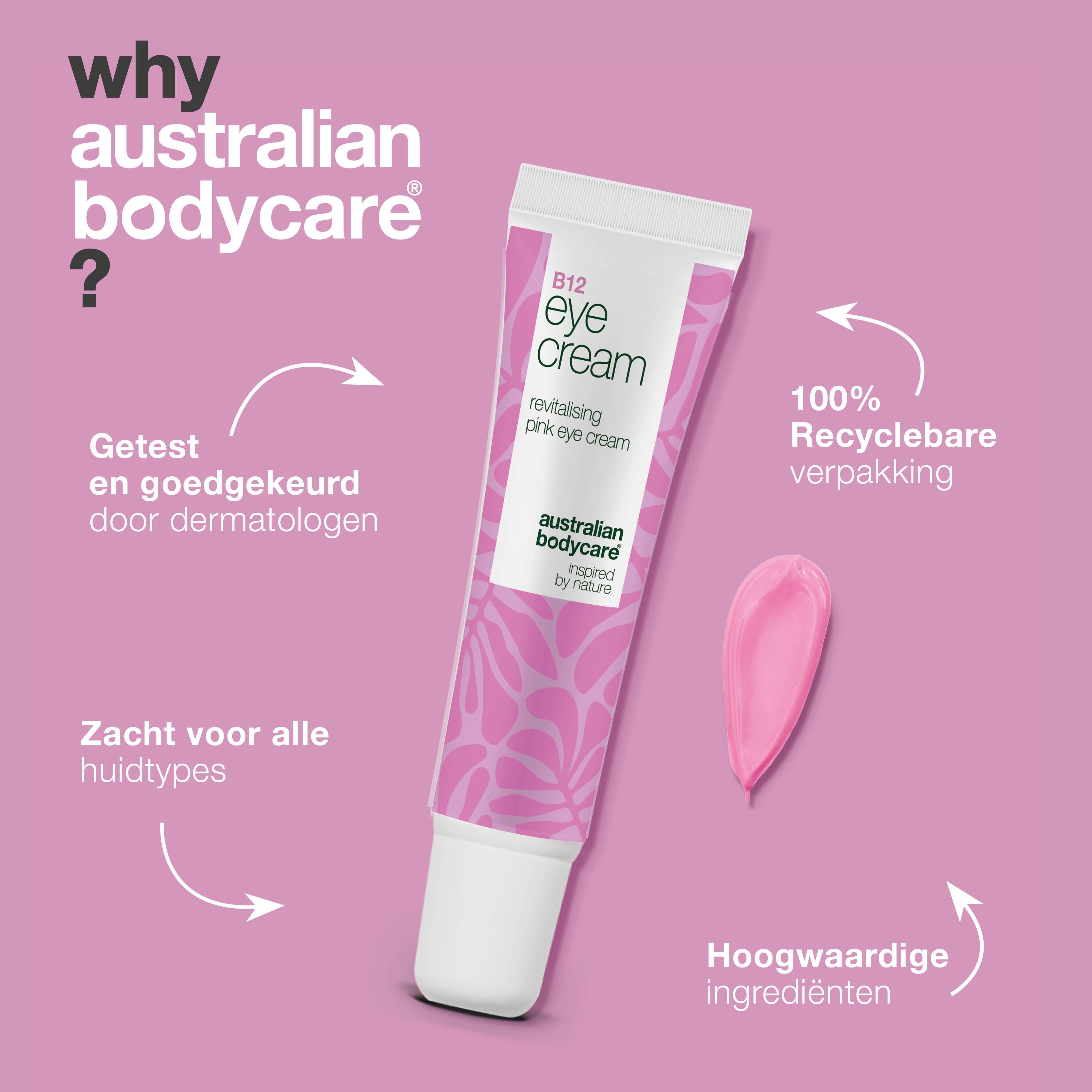 Tube oogcrème en roze klodder. Tekst: Getest door dermatologen. Zacht voor alle huidtypes. Verpakking 100% recyclebaar.