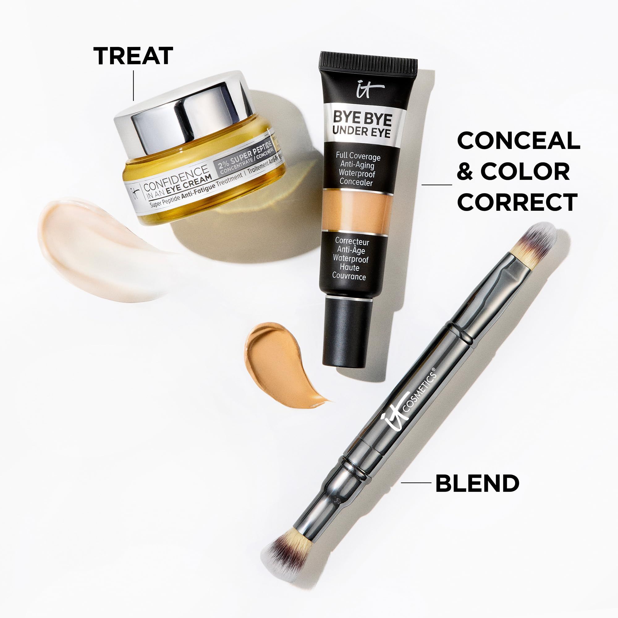 Produkt-Arrangement: Creme, Concealer-Tube, Pinsel, Produkt-Verlauf. Text: Treat, Conceal & Color Correct, Blend.