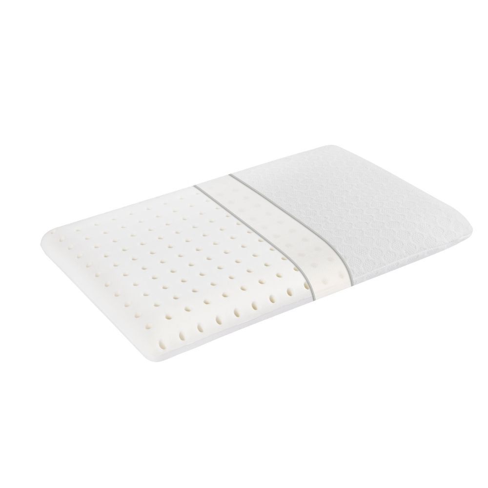 Cuscino rettangolare bianco con fori. Strisce grigie. Tessuto di bambù.
