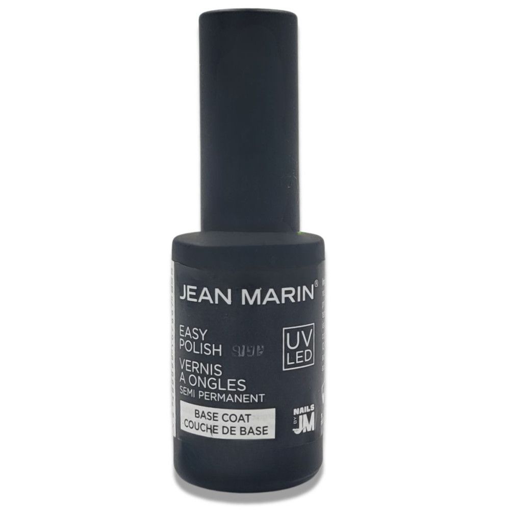 Schwarze Flasche mit Aufschrift JEAN MARIN, EASY POLISH, UV LED und BASE COAT. Produkt für semipermanenten Nagellack.