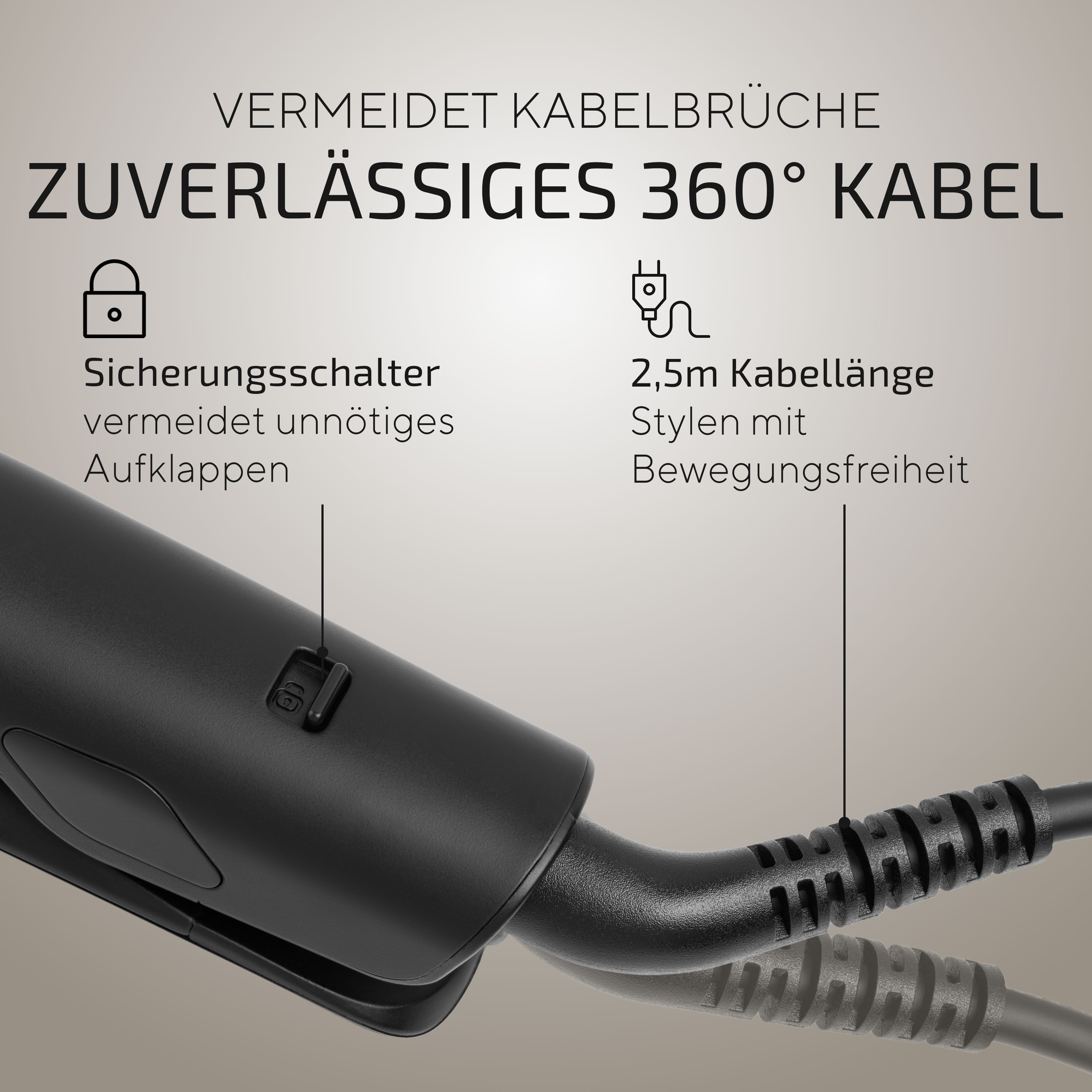 Glätteisen und Kabel. Text: VERMEIDET KABELBRÜCHE, ZUVERLÄSSIGES 360° KABEL, Sicherungsschalter, 2,5m Kabellänge.