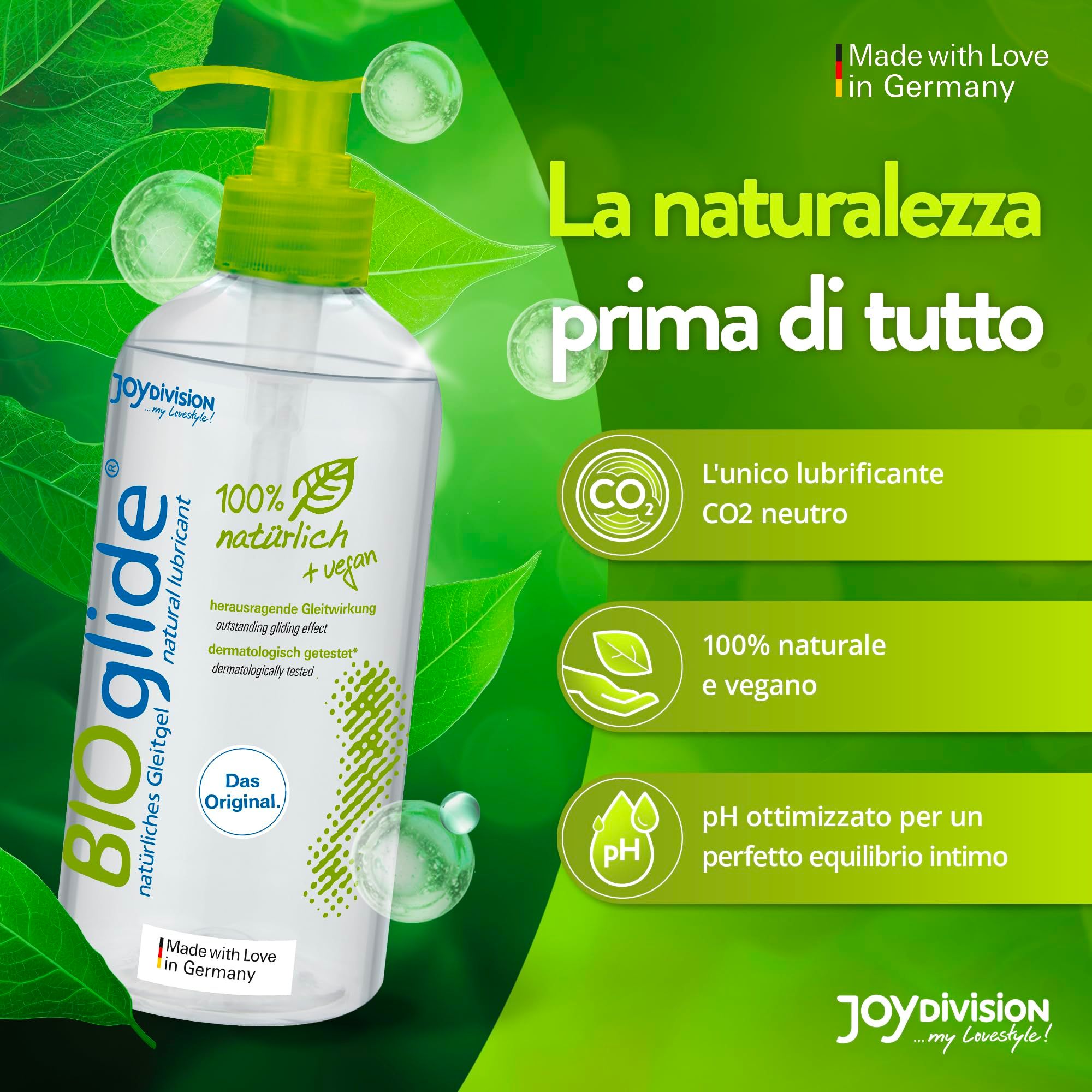 BIOglide Gleitgel Flasche mit Pumpspender. "La naturalezza prima di tutto" auf Italienisch.