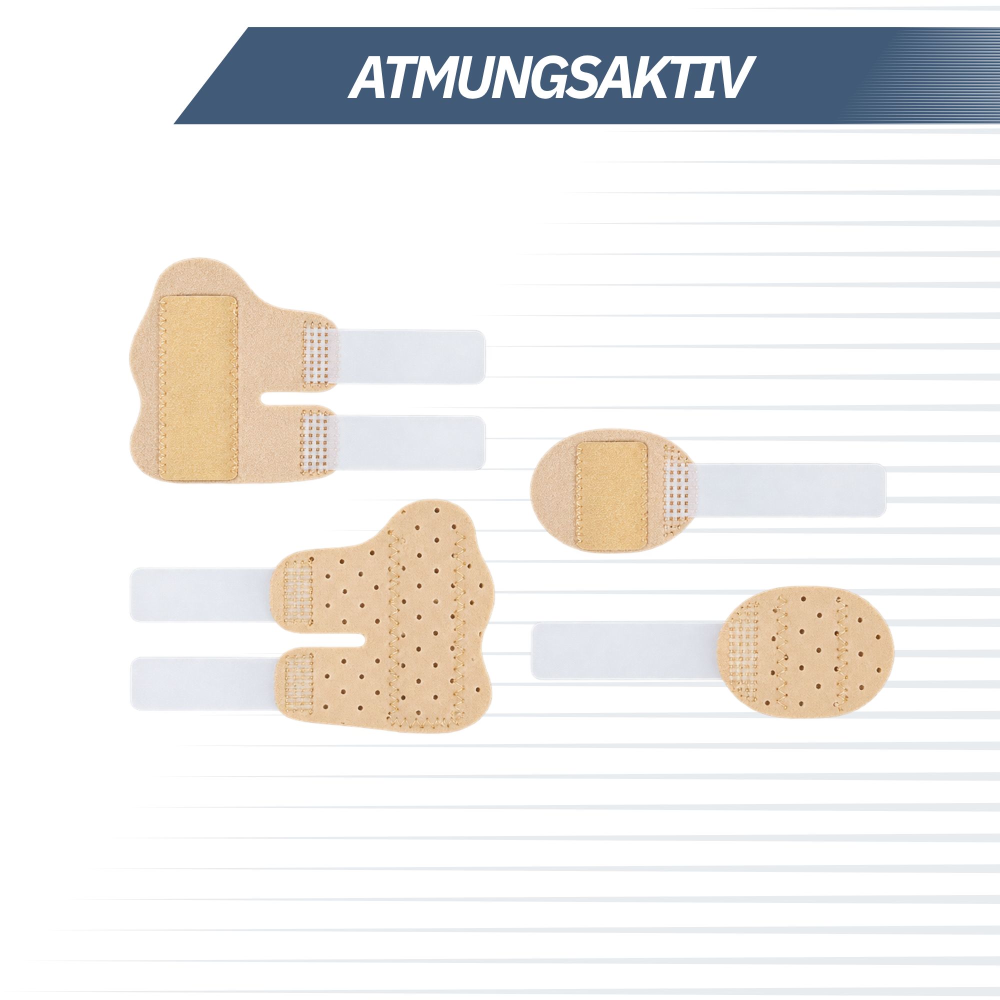 Zwei Paar atmungsaktive Pflaster in verschiedenen Formen und Größen.