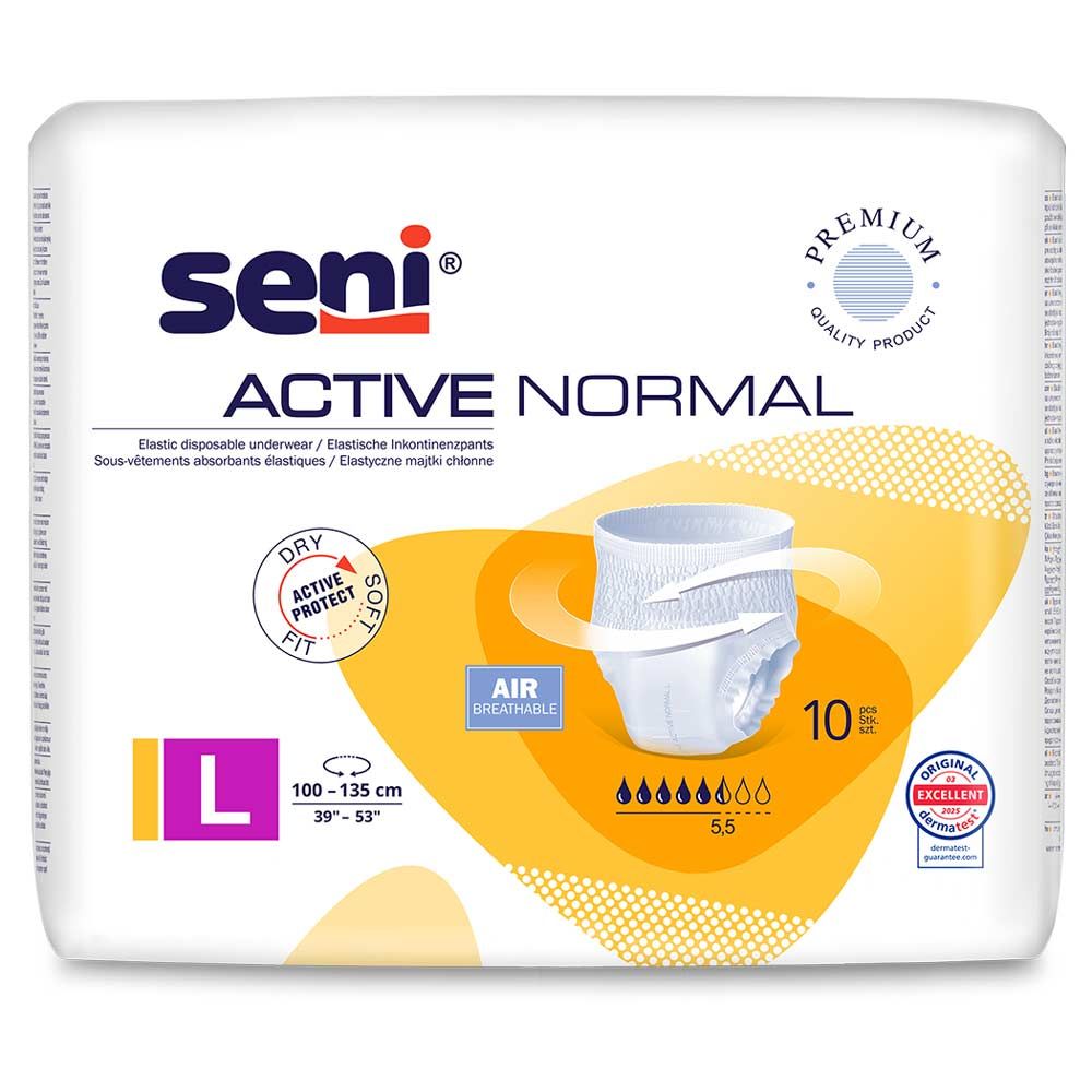 Verpackung von Seni ACTIVE NORMAL Inkontinenzpants. Produktname, Logo, Größenangabe L, Saugstärke 5,5/8.