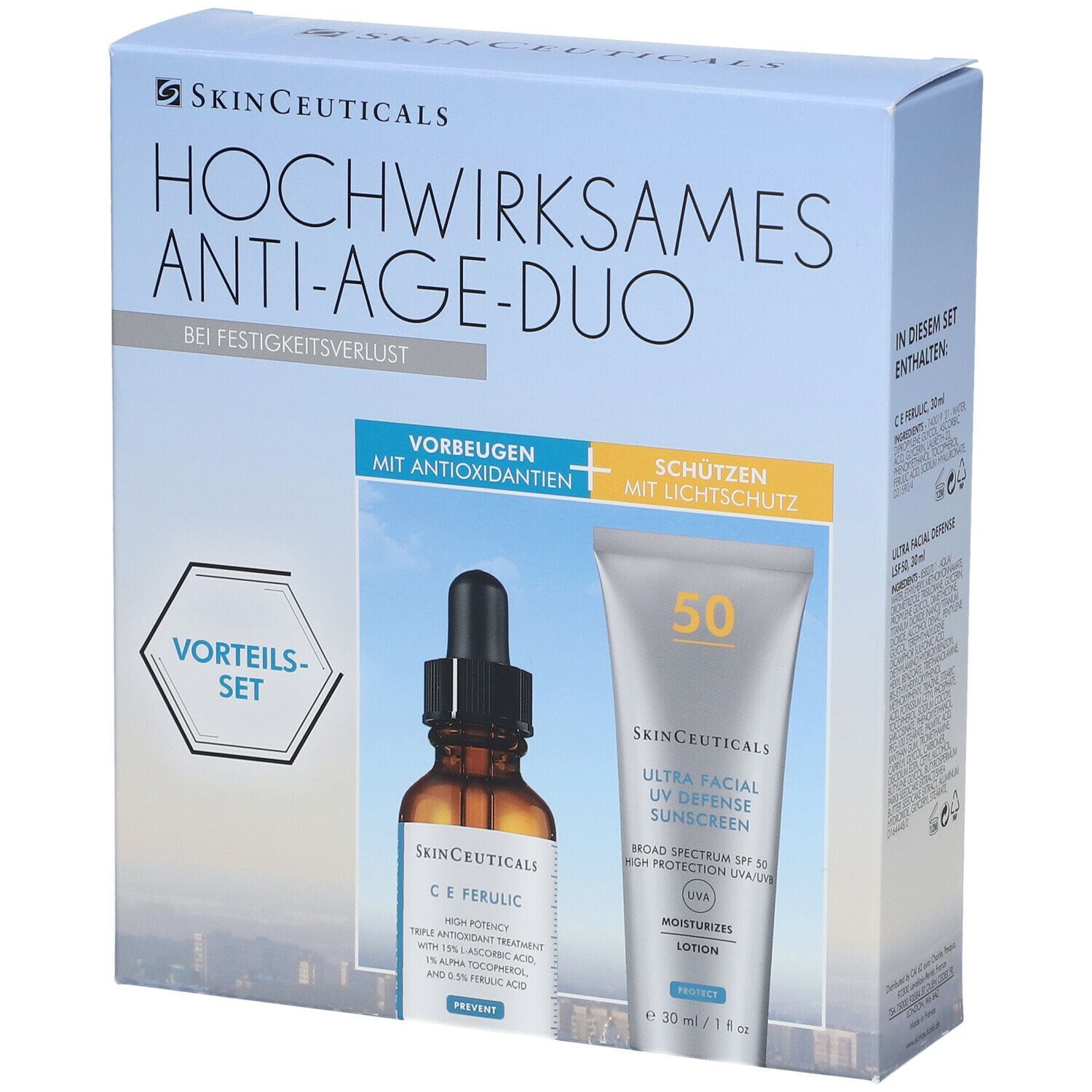 Skinceuticals Anti-Age Duo. Set mit Serum und Sonnencreme. Verpackung mit Produktnamen und Logo.