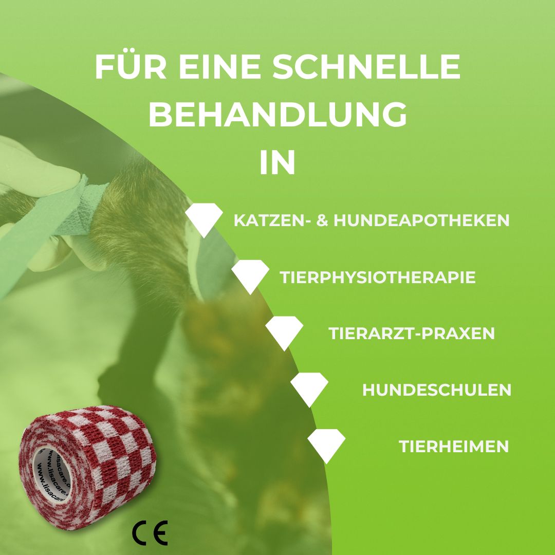 Rolle selbsthaftendes Verbandmaterial mit rot-weißem Karomuster, CE-Kennzeichnung.