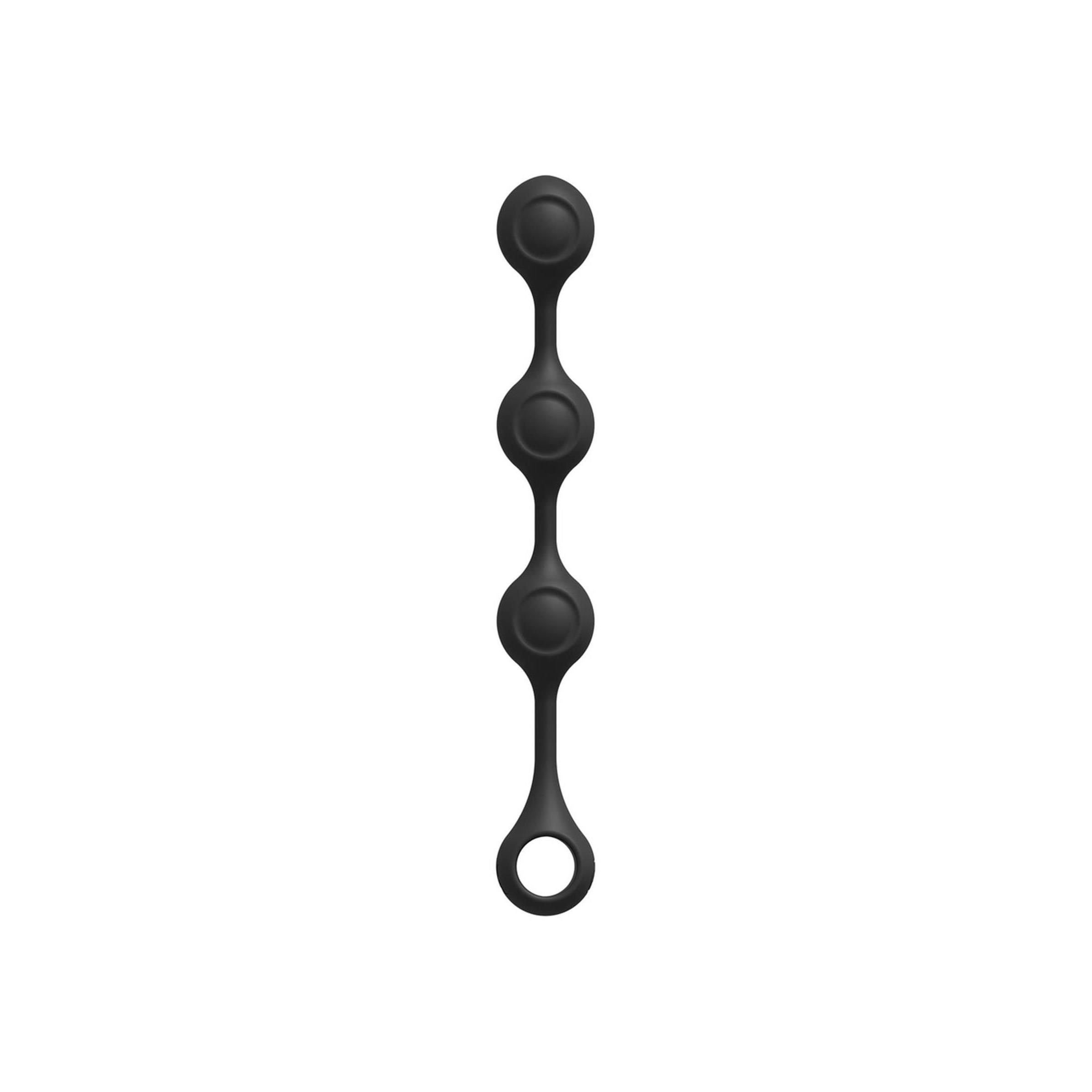 Schwarze Analkugeln aus Silikon. Drei Kugeln in einer Reihe, mit Ring am Ende.