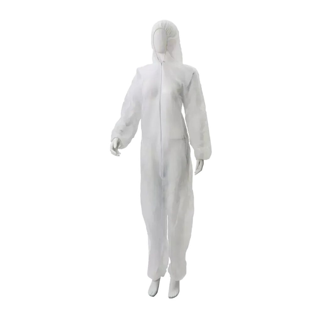 Weißer Overall mit Kapuze und Reißverschluss. Auf einer Schaufensterpuppe präsentiert.