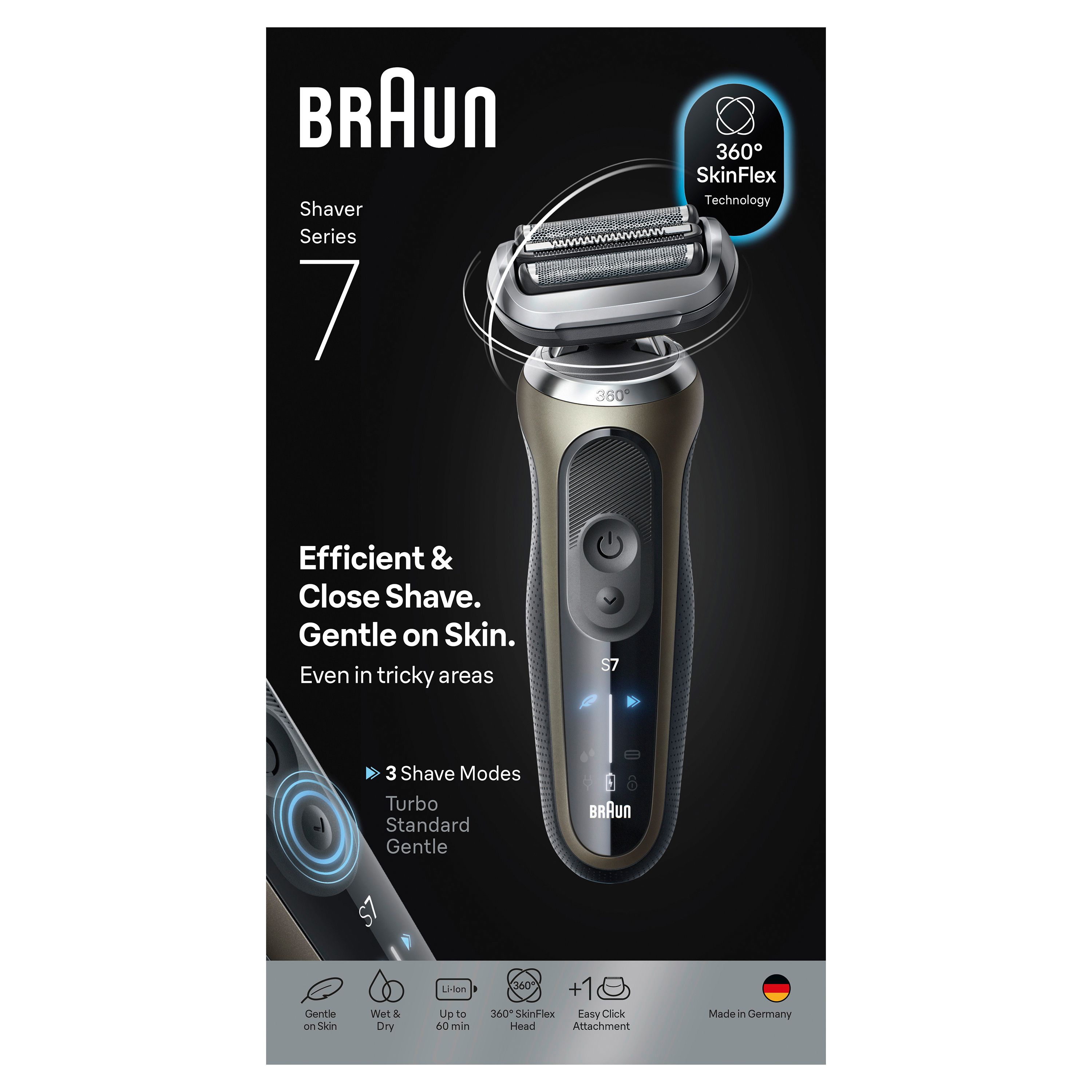 Braun Rasierer Series 7 72-C1200s Verpackung. Effizient & nah. Sanft zur Haut.