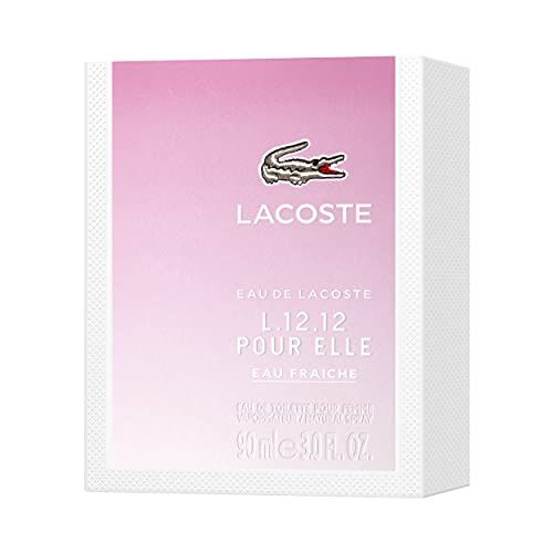 Weiße Verpackung mit rosa Akzent. Logo Krokodil. Text: L.12.12 POUR ELLE, Eau Fraiche.