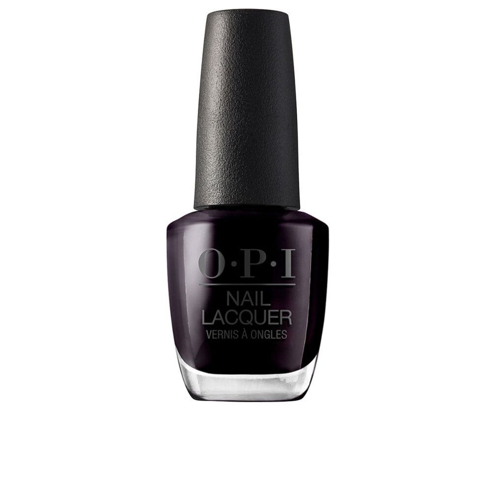 Dunkelvioletter Nagellackflakon mit schwarzem Deckel. O.P.I. Nail Lacquer-Etikett.