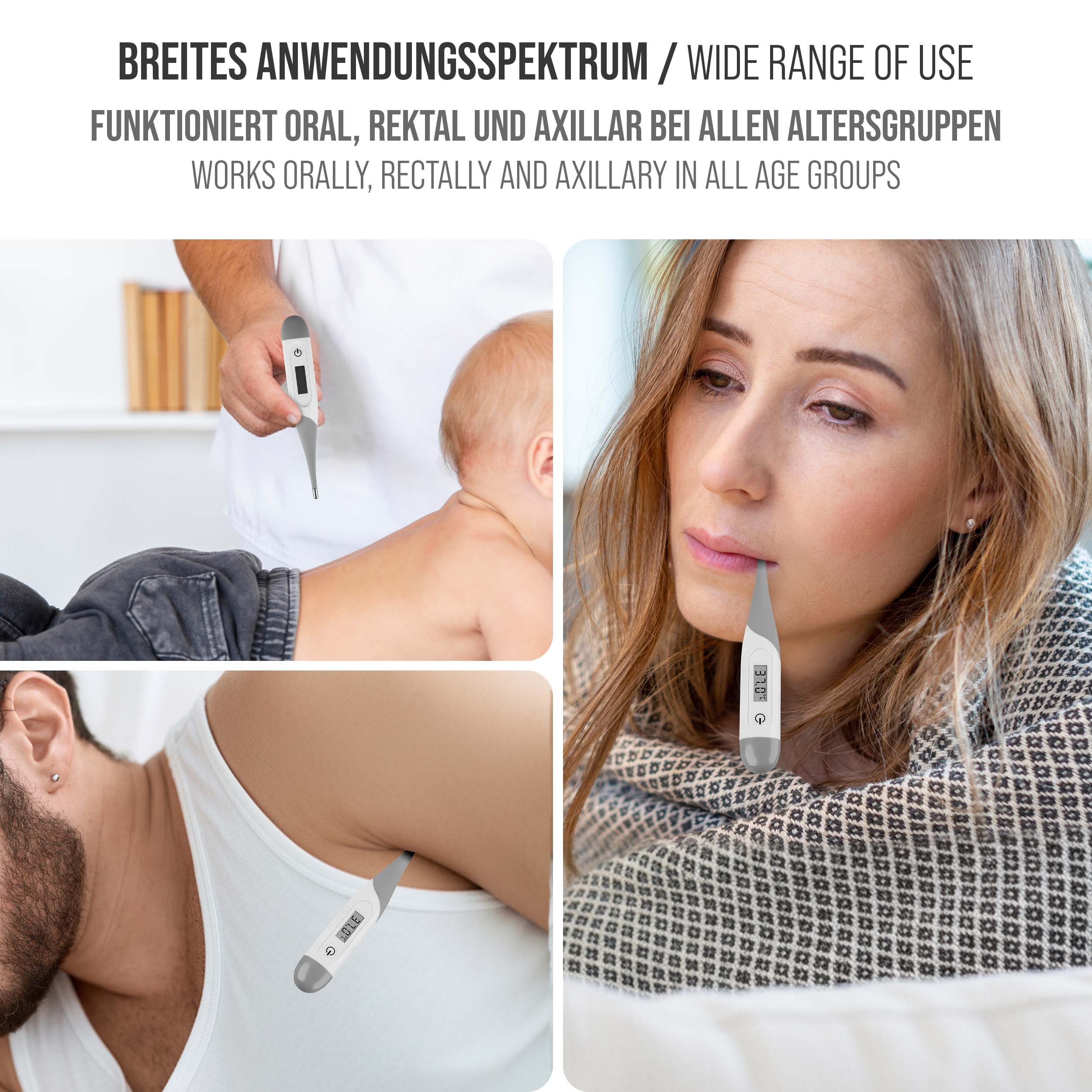 Anwendungsbeispiele: Messung bei Baby, Achsel, Mund. Thermometer im Mund einer Frau. Text: 'Breites Anwendungsspektrum'.