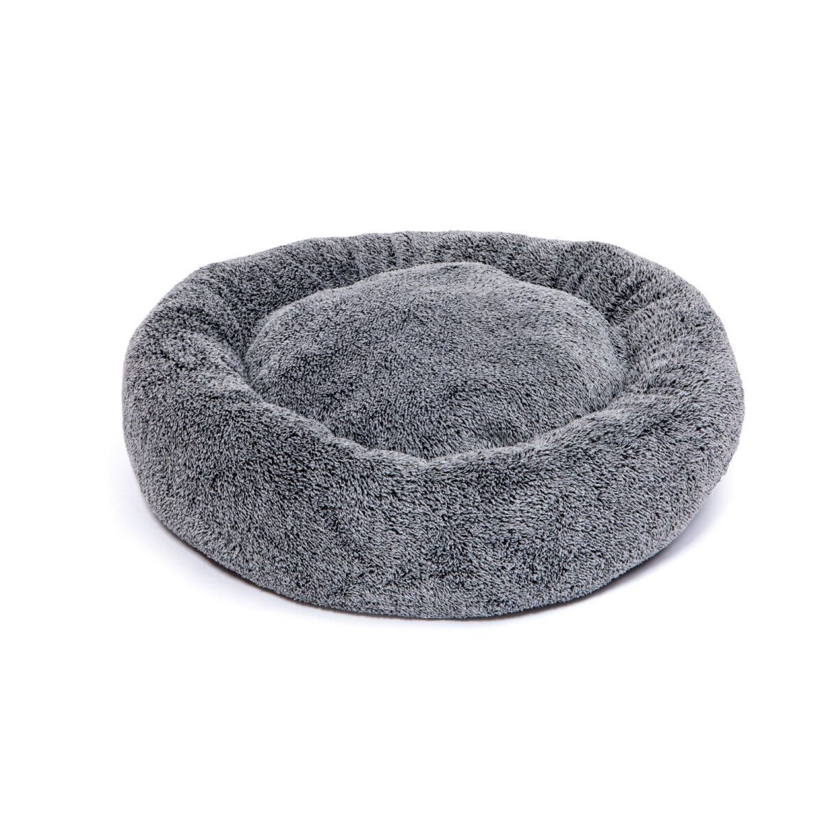 Graues, rundes Kuschelbett für Hunde oder Katzen. Weiches, flauschiges Material. Erhöhter Rand, vertieftes Zentrum.