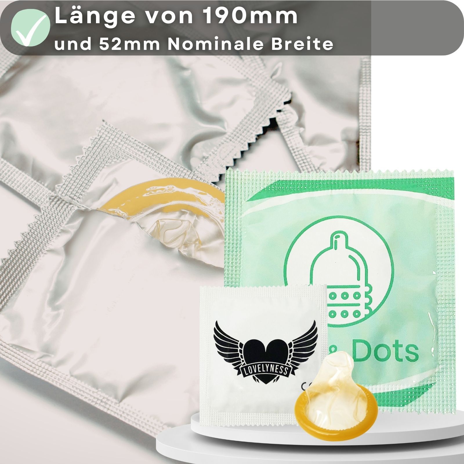 Kondompackung mit Text. Länge 190mm, 52mm Breite. Einzeln verpackt. Lovelyness Logo. CE-Kennzeichnung.
