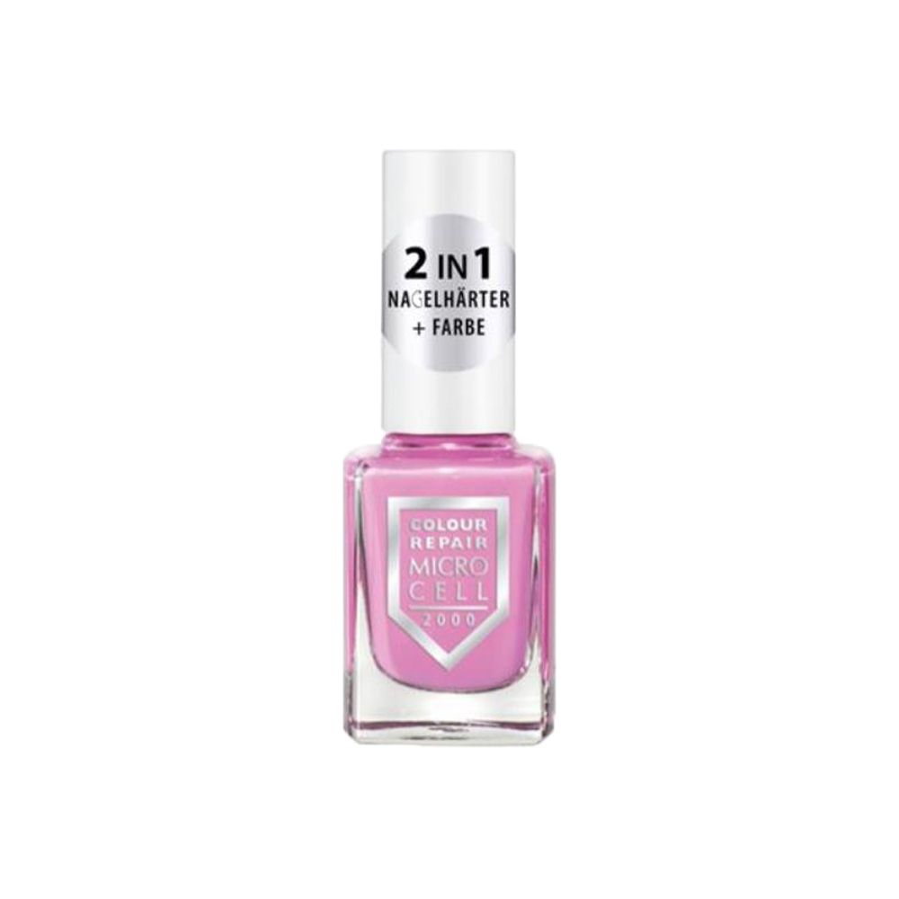 Nagellackflasche, rosa Farbe. Aufschrift: Colour Repair Micro Cell 2000. 2 in 1 Nagelverstärker + Farbe.
