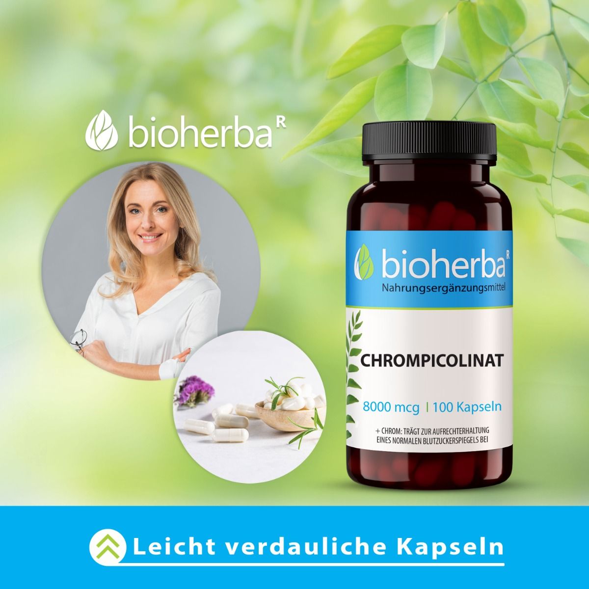Braune Flasche mit Kapseln. Etikett mit Produktnamen und Logo. Text: Chrompicolinat, 8000 mcg / 100 Kapseln. Leicht verdauliche Kapseln. Frau.