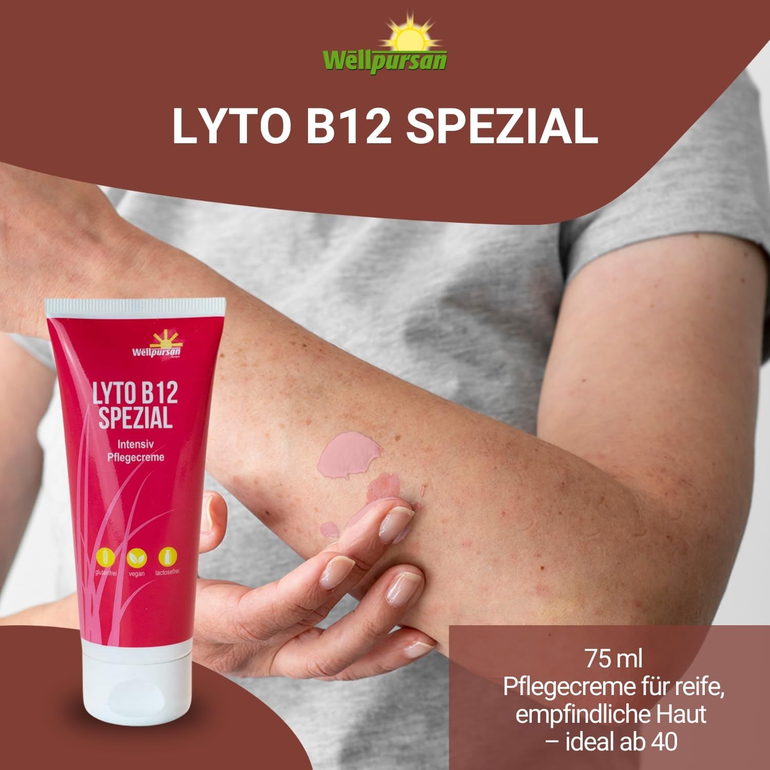 Arm mit Hautirritationen. Tube "LYTO B12 SPEZIAL" daneben. Text: 75 ml, Pflegecreme für reife, empfindliche Haut, ideal ab 40.