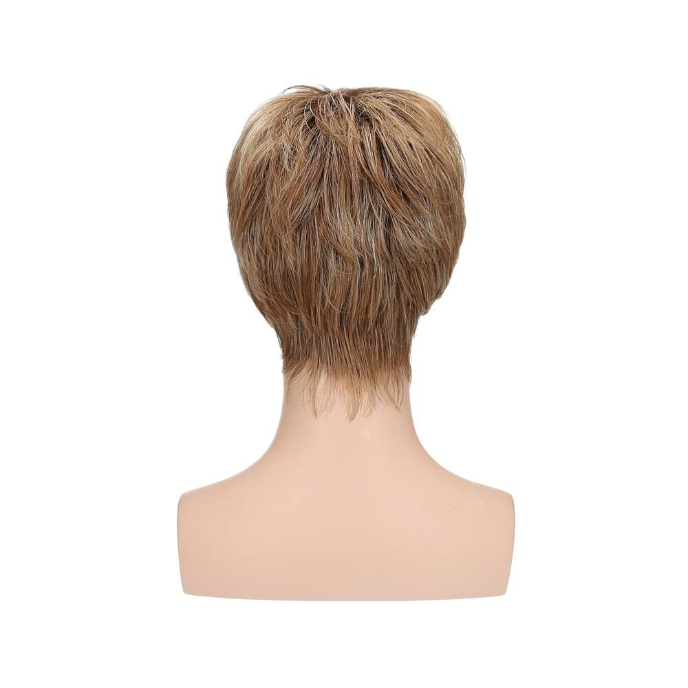 Rückansicht einer kurzen, blonden Perücke auf einem Schaufensterkopf.