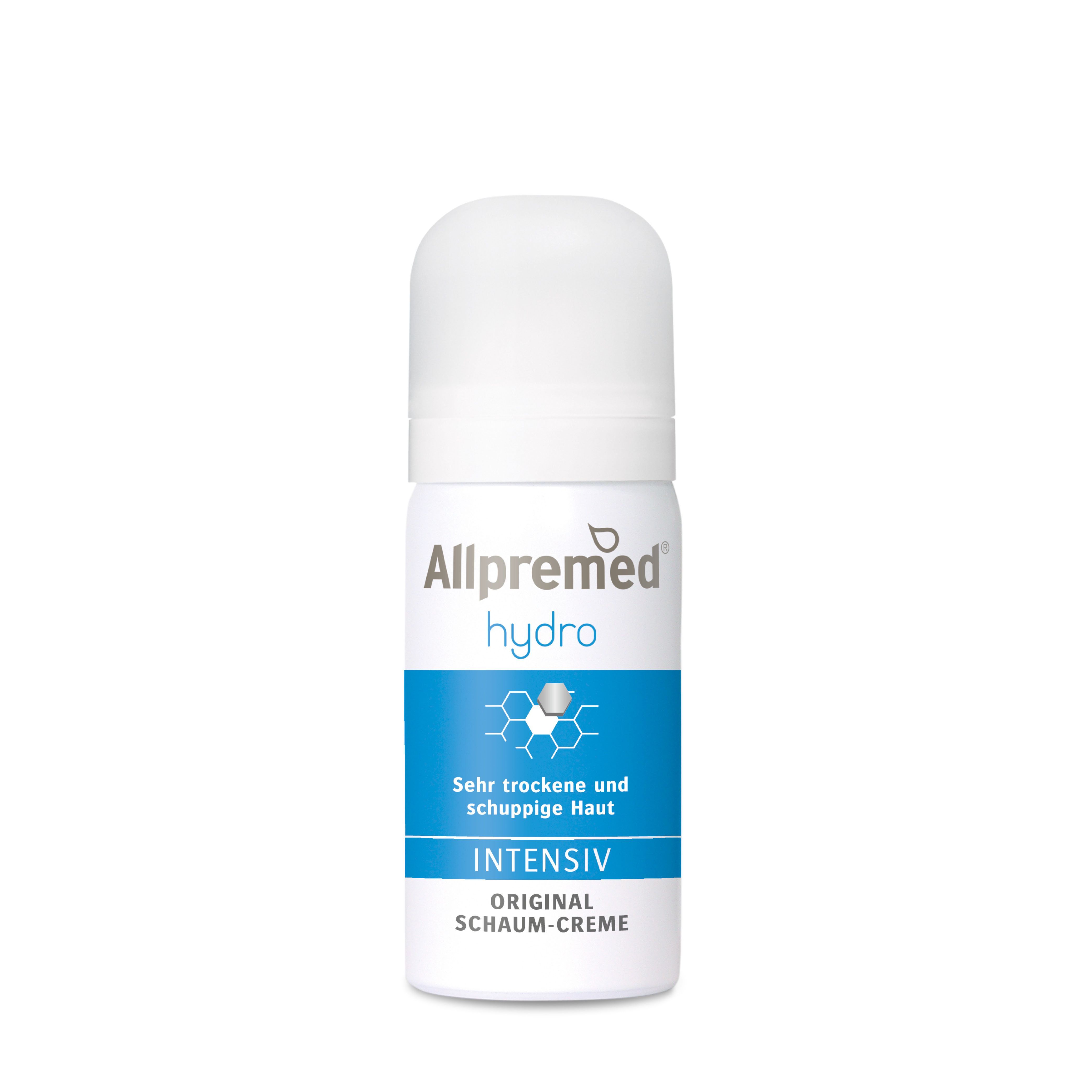 Weiß-blaue Sprühflasche. Aufschrift: Allpremed hydro, INTENSIV, Original Schaum-Creme. Für sehr trockene und schuppige Haut.