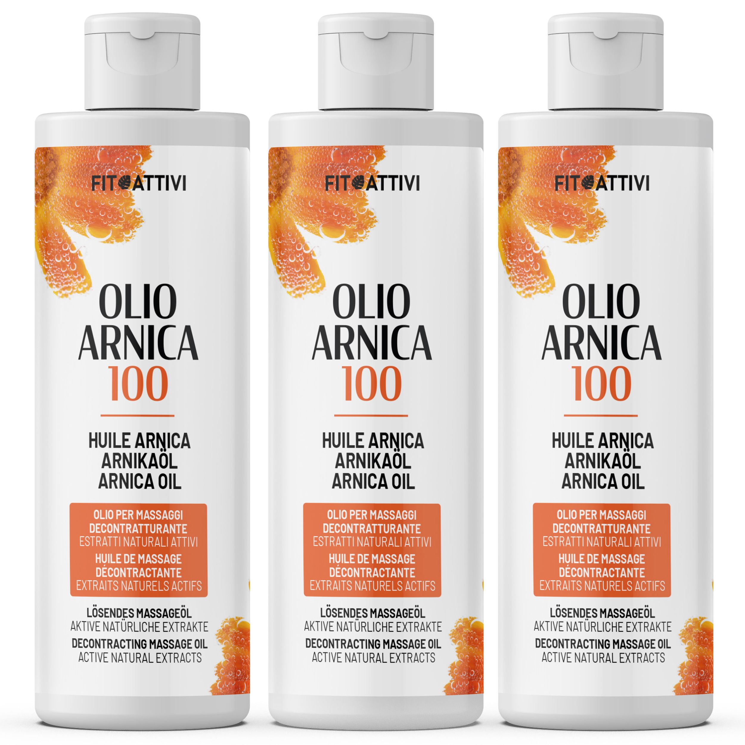 Drei Flaschen mit weißem Deckel und Etikett. Aufschrift: Olio Arnica 100, Huile Arnica, Arnikaöl, Arnica Oil.