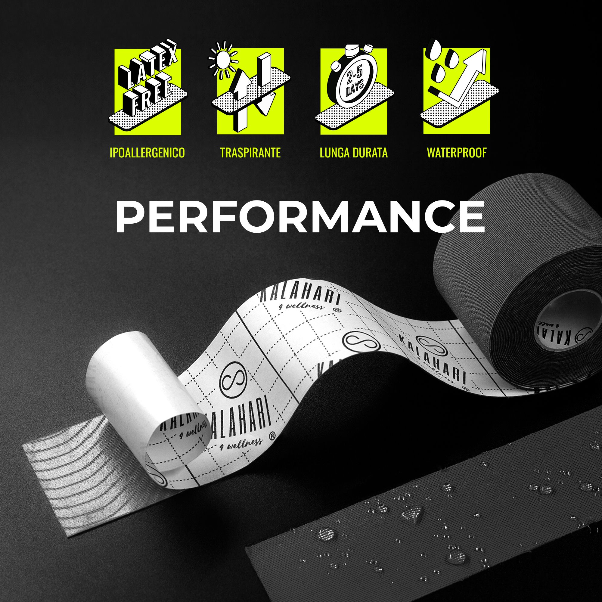 Kalahari Kinesiology Tape: Hypoallergen, atmungsaktiv, langlebig, wasserfest.