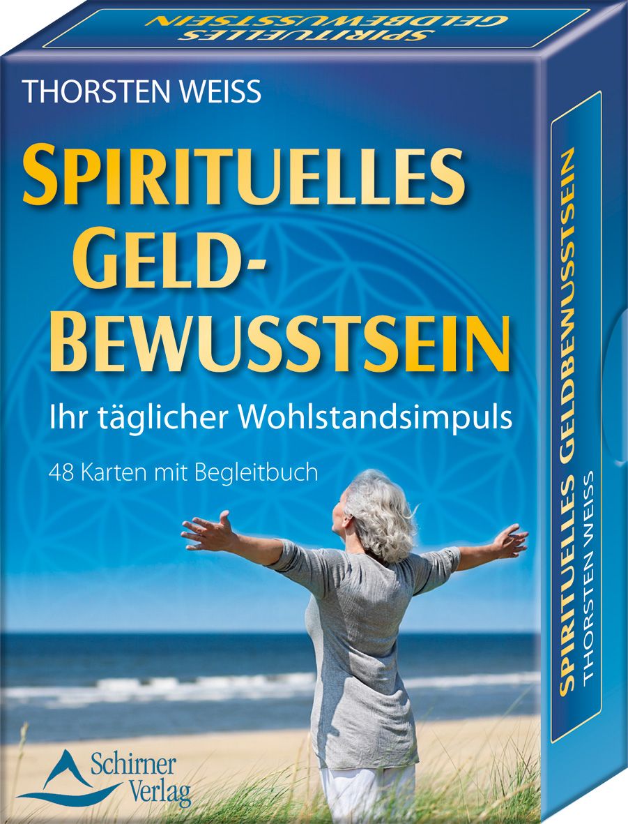 Kartenbox "Spirituelles Geldbewusstsein". Titel und Autor auf der Box. 48 Karten mit Begleitbuch. Schirner Verlag Logo.