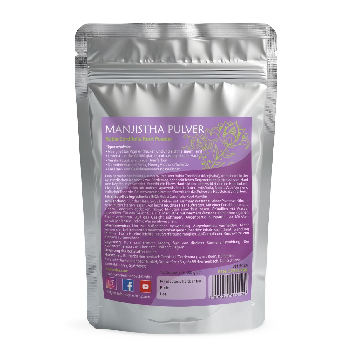 Rückseite eines silberfarbenen Beutels. Text in Deutsch. Enthält Informationen über das Produkt, Inhaltsstoffe, Anwendungshinweise und Hersteller. Mindestens haltbar bis.