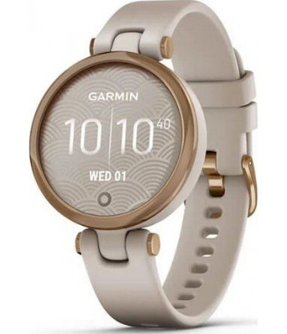 Uhr mit rundem Zifferblatt, hellgrauem Armband und roségoldfarbenem Gehäuse. Das Zifferblatt zeigt die Uhrzeit und das Datum. Marke: Garmin.