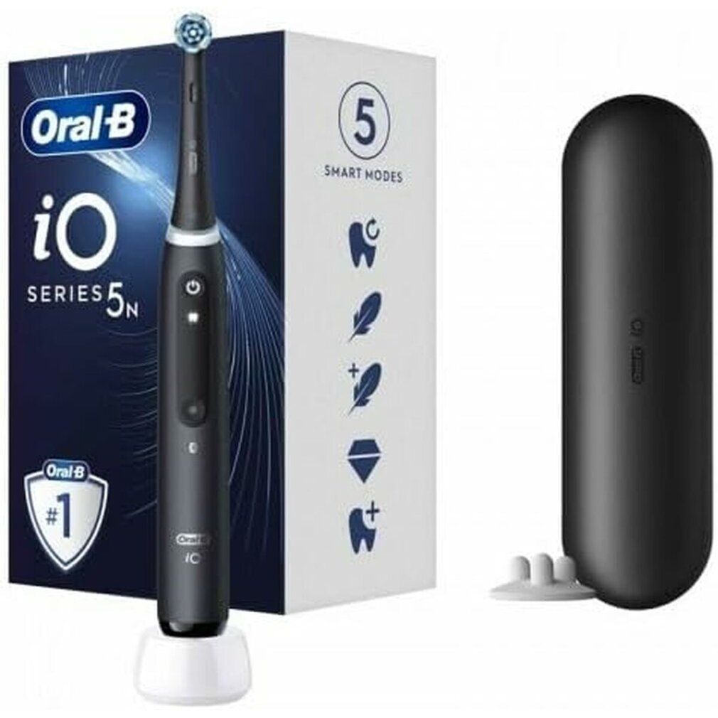 Elektrische Zahnbürste Oral-B iO Series 5N Matt Black, Ladestation, Reiseetui und Bürstenkopf. Verpackung mit Logo und Produktbezeichnung.