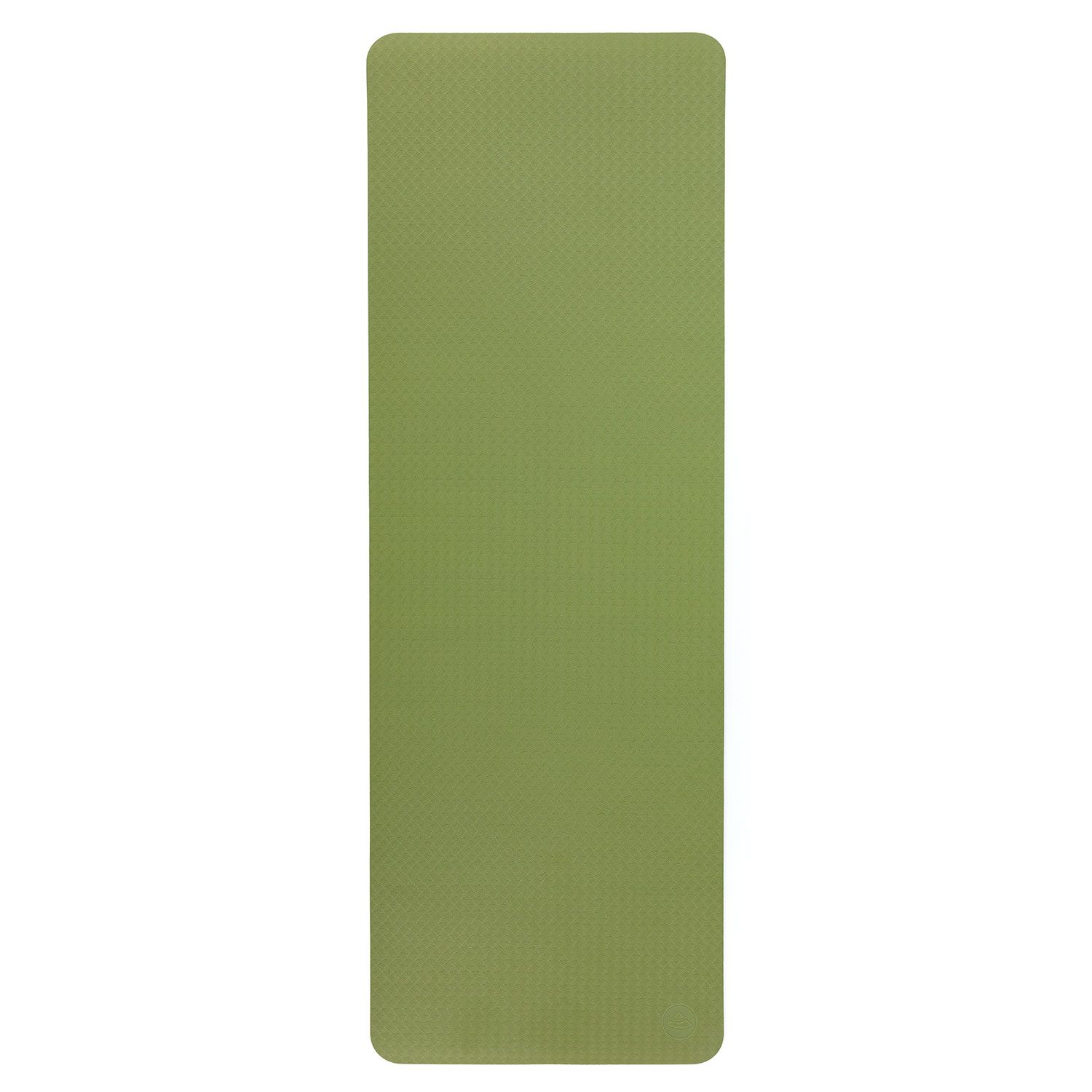 Grüne Yogamatte, rechteckig. Oberseite mit Muster. Abgerundete Ecken. Liegt flach.