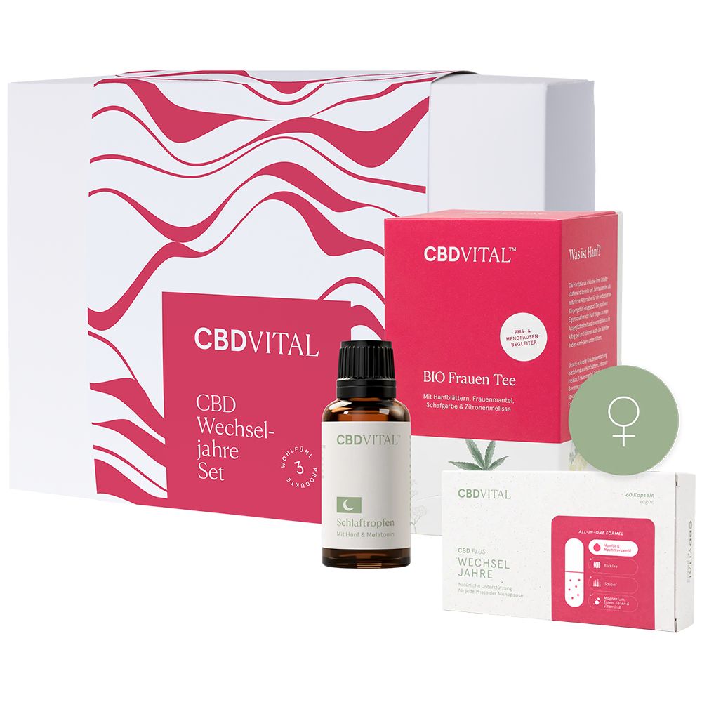 Geschenkset mit CBD Vital Produkten. Enthält eine Flasche, eine Packung Tee, eine Packung Kapseln und eine Geschenkbox mit Logo.