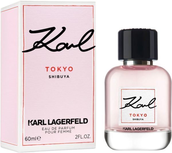Karl Tokyo Shibuya Flakon und Verpackung. Rosa Verpackung mit schwarzem Schriftzug. Flakon mit schwarzem Deckel.