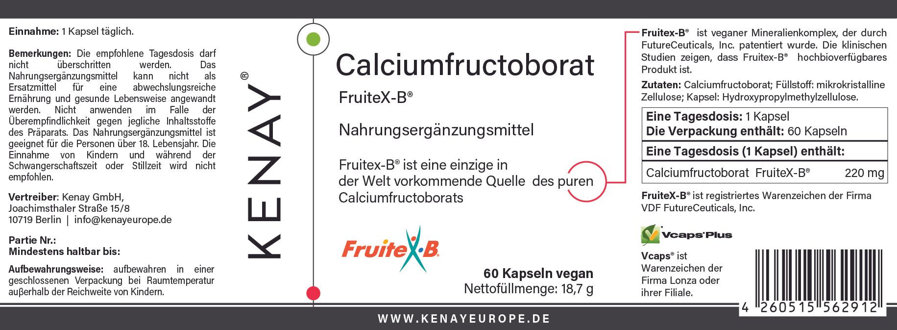 Nahaufnahme des Etiketts einer Nahrungsergänzungsmittel-Verpackung. Text: Calciumfructoborat, FruiteX-B®, 60 Kapseln vegan. Marke: KENAY®.