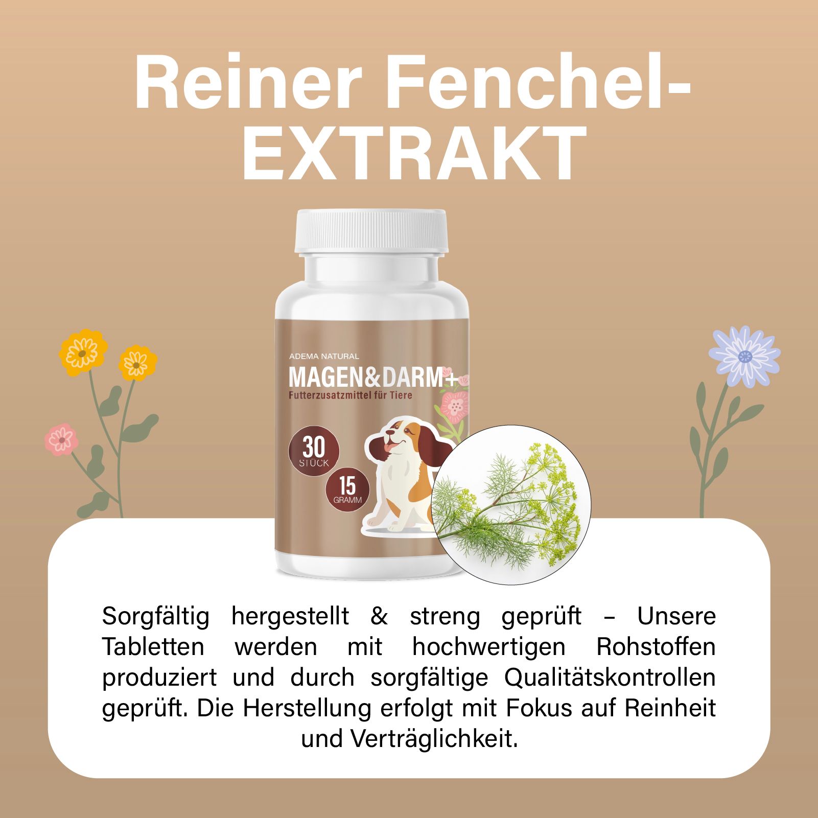 Produktabbildung mit Flasche. Text: Reiner Fenchel-EXTRAKT. Flasche mit Etikett: ADEMA NATURAL Magen & Darm+. 30 Tabletten.