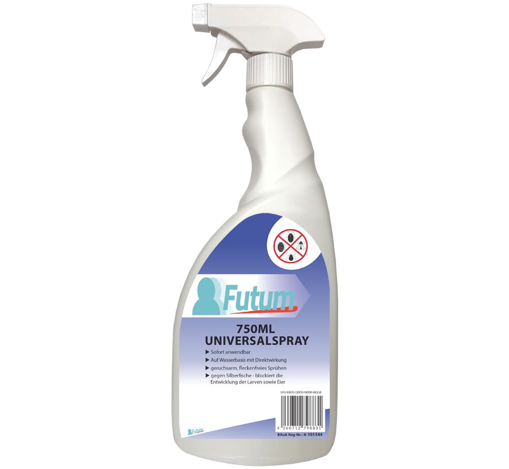 Weiße Sprühflasche mit blauem Etikett. Aufschrift: FUTUM UNIVERSALSPRAY. Enthält Warnhinweise und Inhaltsstoffe.