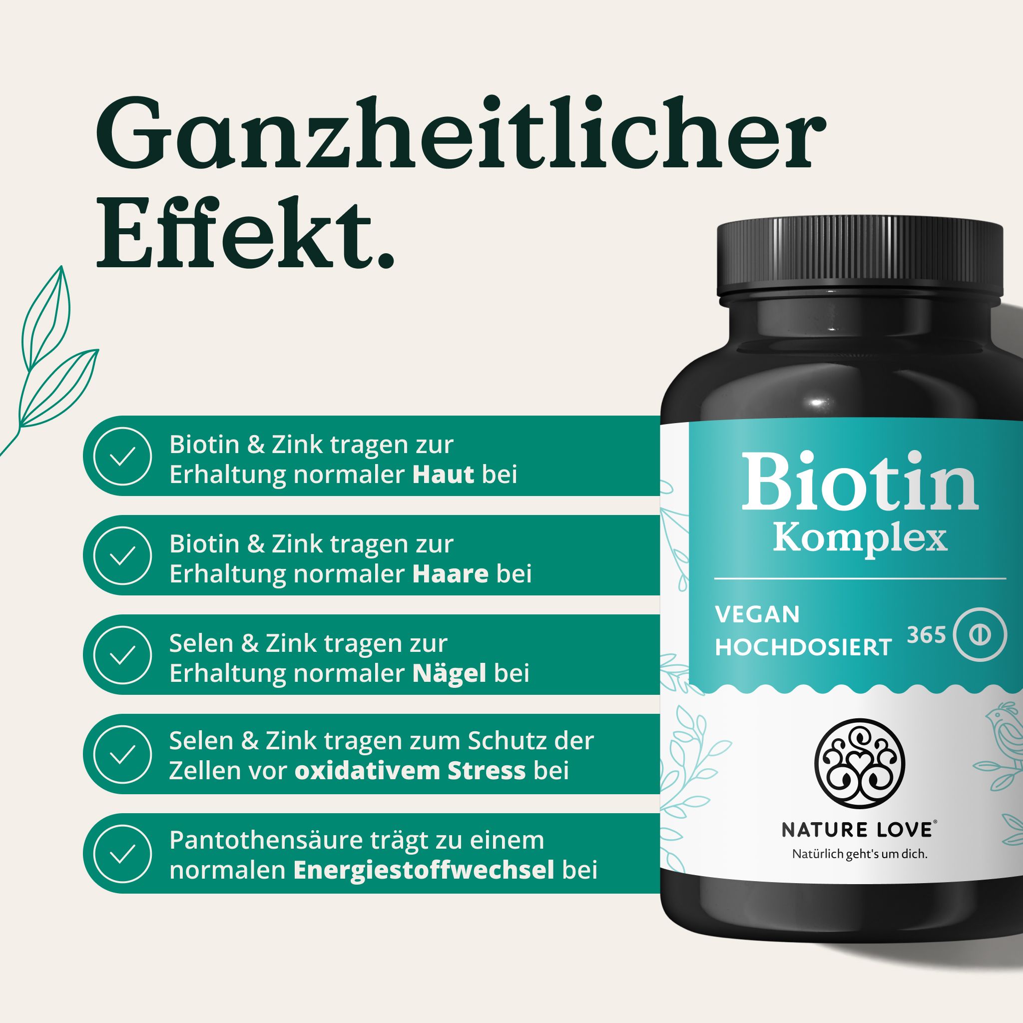 Flasche Biotin Komplex mit Liste von Vorteilen für Haut, Haare, Nägel und Zellschutz.