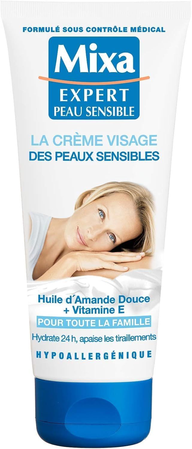 Tube Mixa Expert Peau Sensible Gesichtscreme. Blaue und weiße Verpackung. Text: La Crème Visage des peaux sensibles.