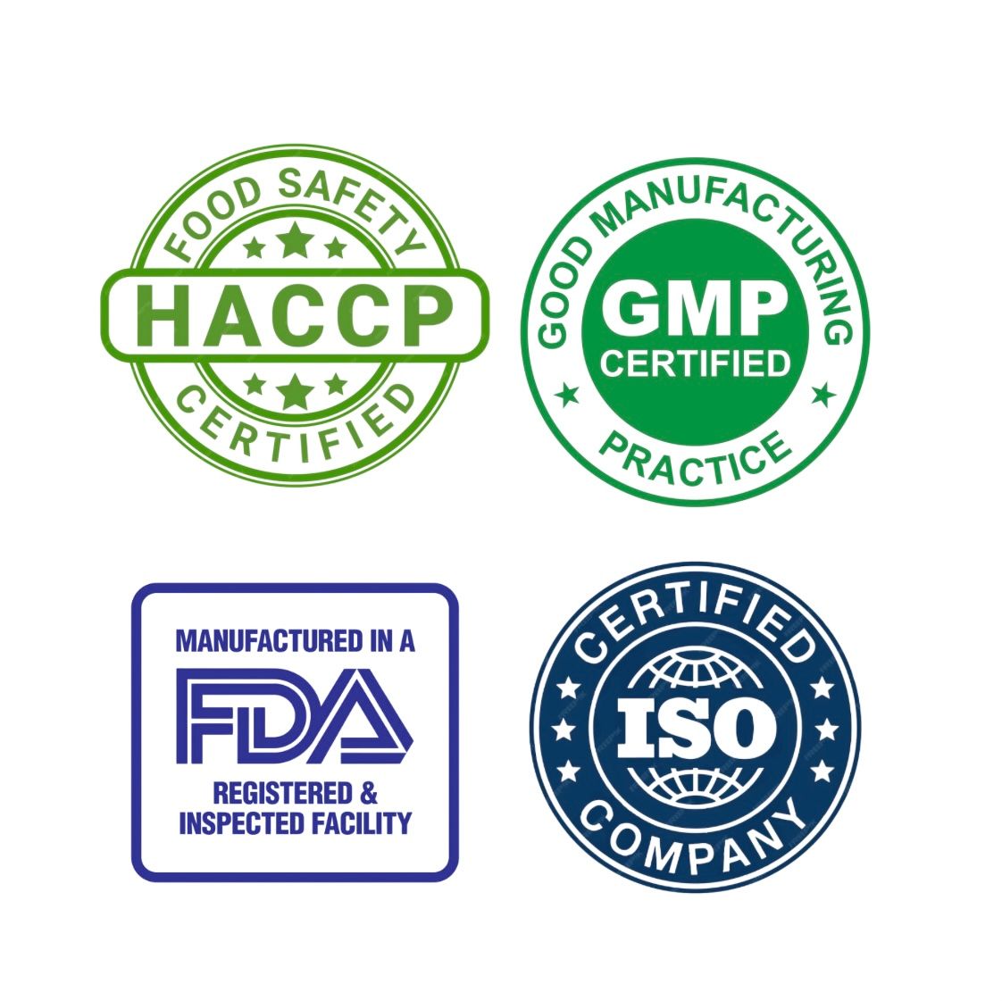 Vier Zertifizierungslogos: HACCP, GMP, FDA, ISO. Grüne, blaue und weiße Kreise mit Text.