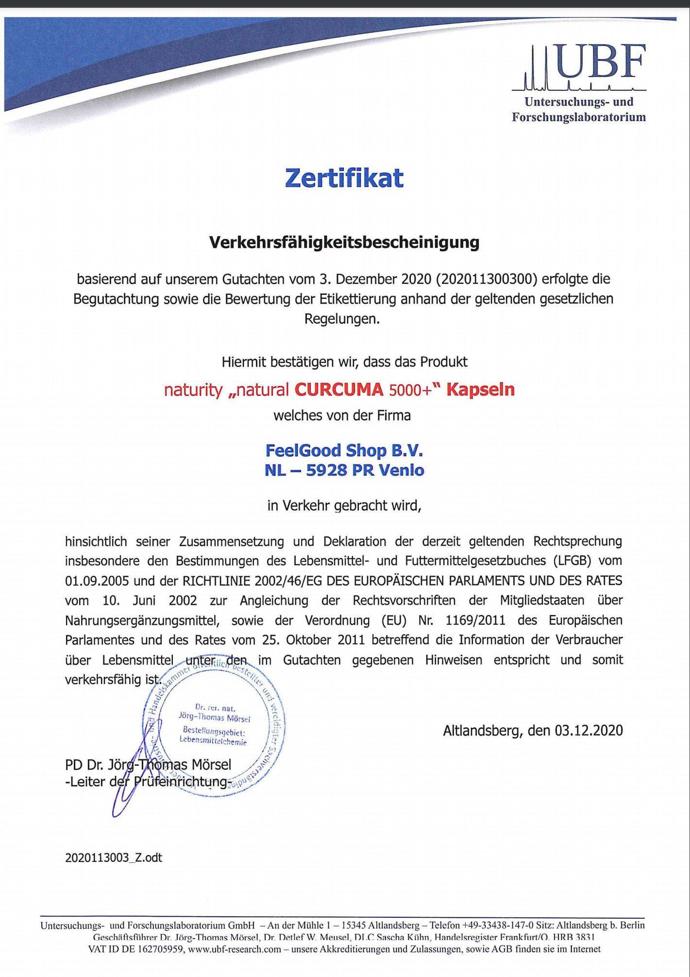Zertifikat für Naturity Natural Curcuma 5000+ Kapseln. Ausgestellt von UBF, mit Stempel und Unterschrift. Enthält Informationen zur Verkehrsfähigkeit.