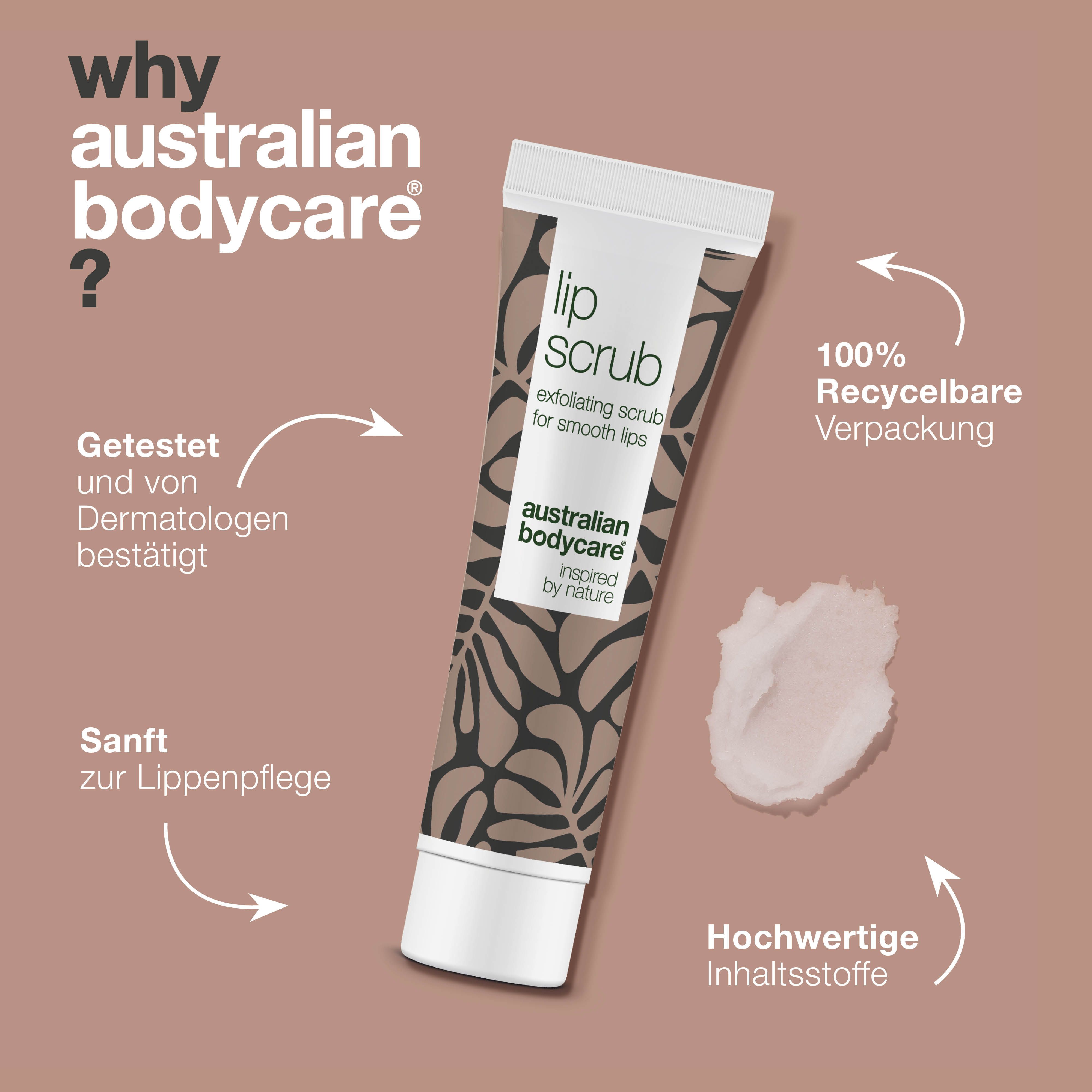 Tube Lip Scrub, Australian Bodycare. Text: Getestet und bewertet. Zitat. Fünf Sterne Bewertung.