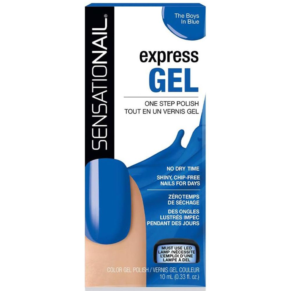 Sensationail Express-Gel-Nagellack. Blaue Flasche mit Produktabbildung. Text: Express Gel, One Step Polish. 10 ml.