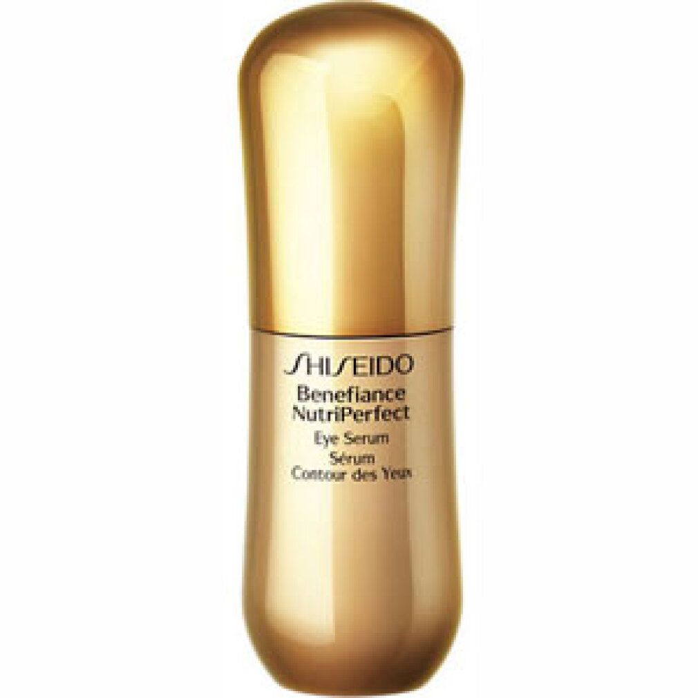 Goldfarbene Augencreme-Flasche. Aufschrift: Shiseido Benefiance NutriPerfect Eye Serum. 15ml.