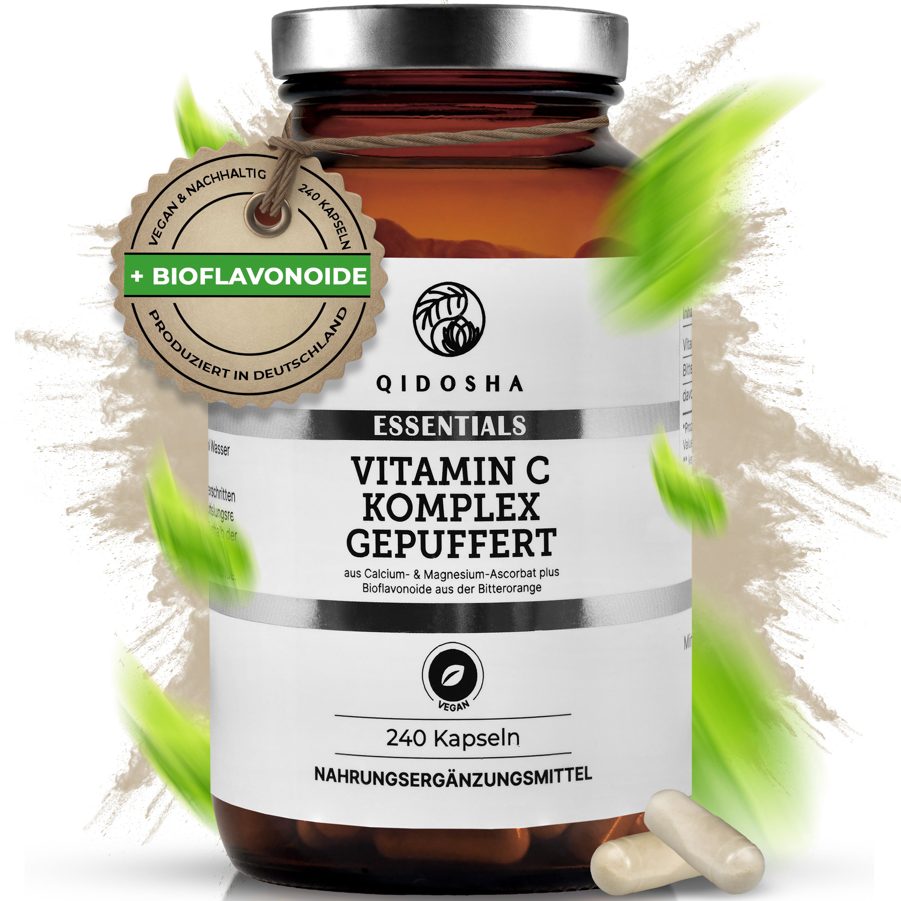 Braune Glasflasche mit weißem Etikett und Produktnamen. Grün-weißes Etikett mit Bioflavonoid-Zertifizierung. 2 Kapseln liegen daneben.