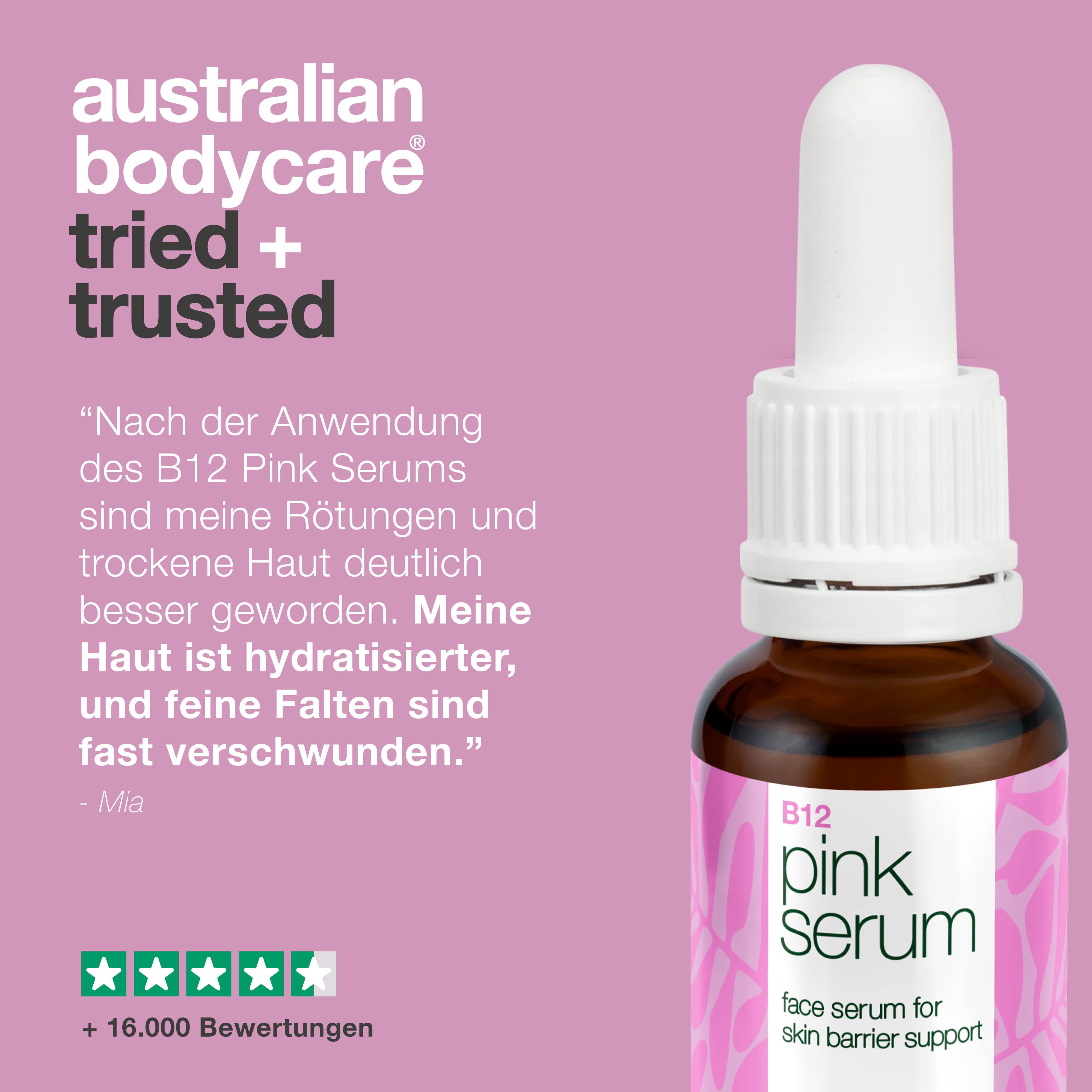 Text: Australian Bodycare tried + trusted. Zitat. Flasche B12 pink Serum. 5 Sterne Bewertung.