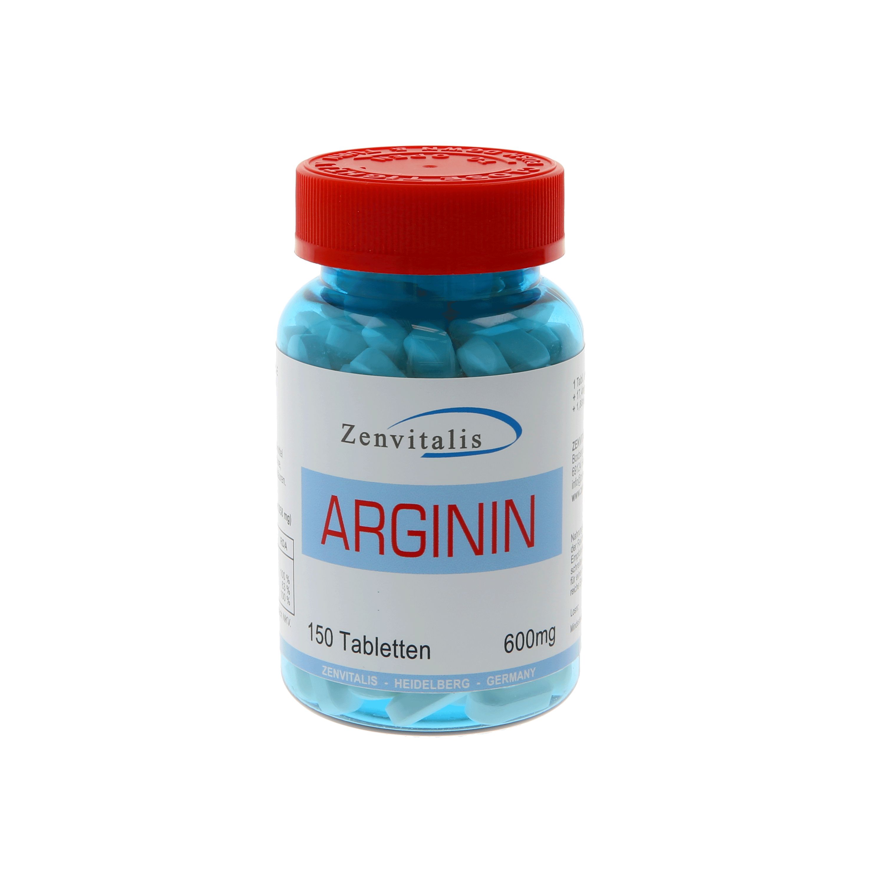 Zenvitalis Arginin Komplex Tabletten in einer Flasche. Rote Kappe, blau Tabletten. Aufschrift: Arginin, 150 Tabletten, 600mg.