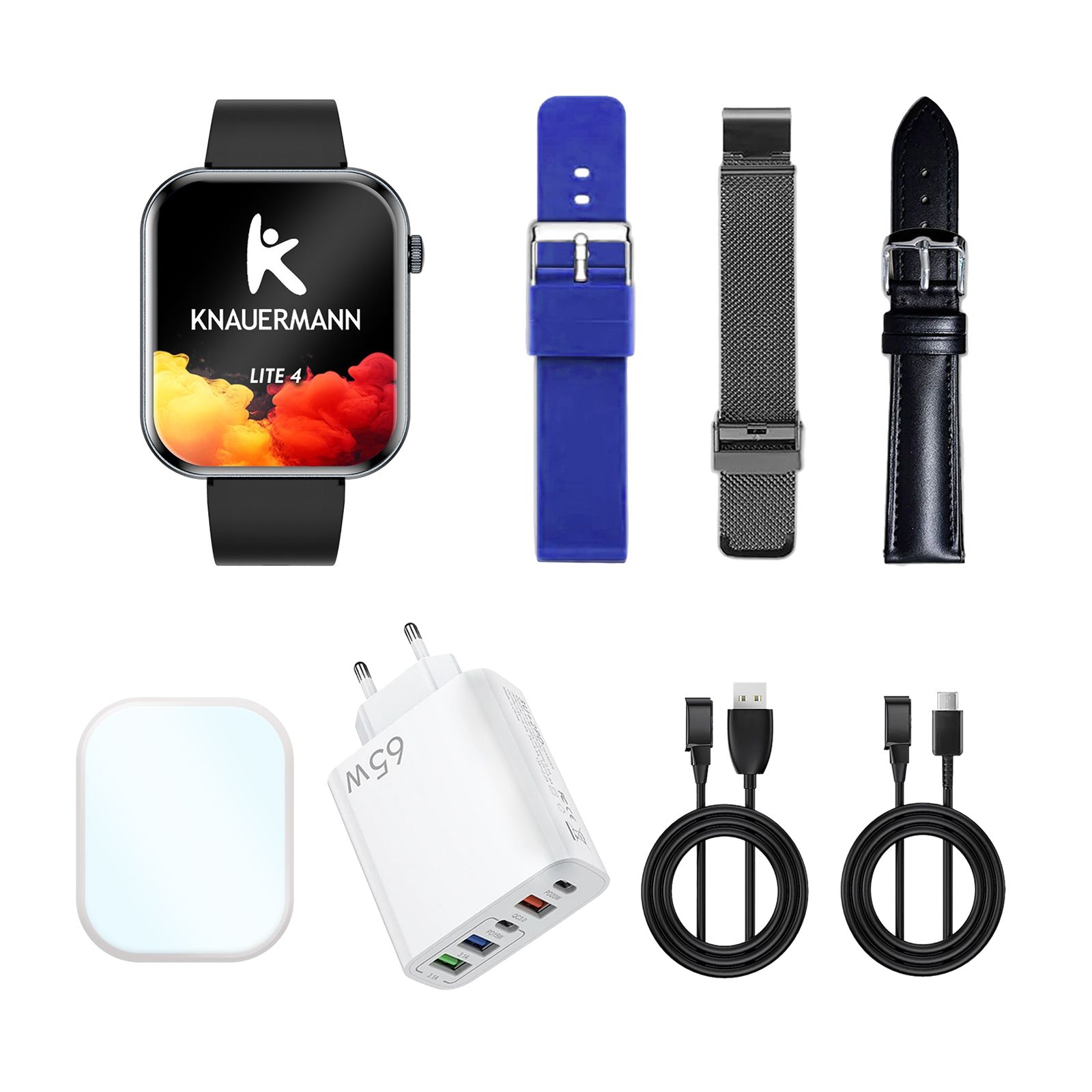 Smartwatch Knauermann Lite 4 mit Zubehör: Armbänder, Ladegerät, Kabel. Schwarzes Gehäuse, farbiger Bildschirm.
