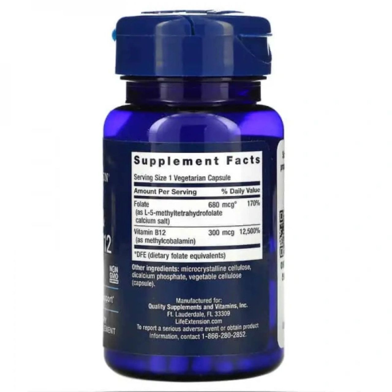 Rückseite der Flasche mit Nährwertangaben für Folsäure und Vitamin B12.
