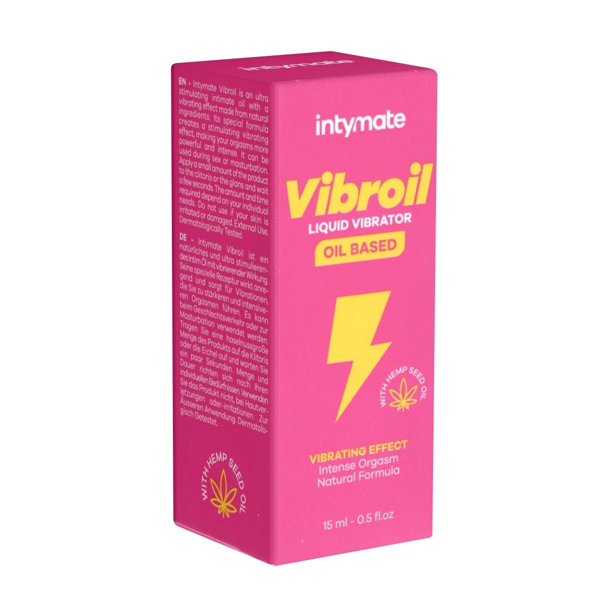 Rosa Verpackung von Intymate Vibroil. Gelber Blitz, Schriftzug "Vibroil Liquid Vibrator Oil Based". Enthält Hanfsamenöl. 15 ml.